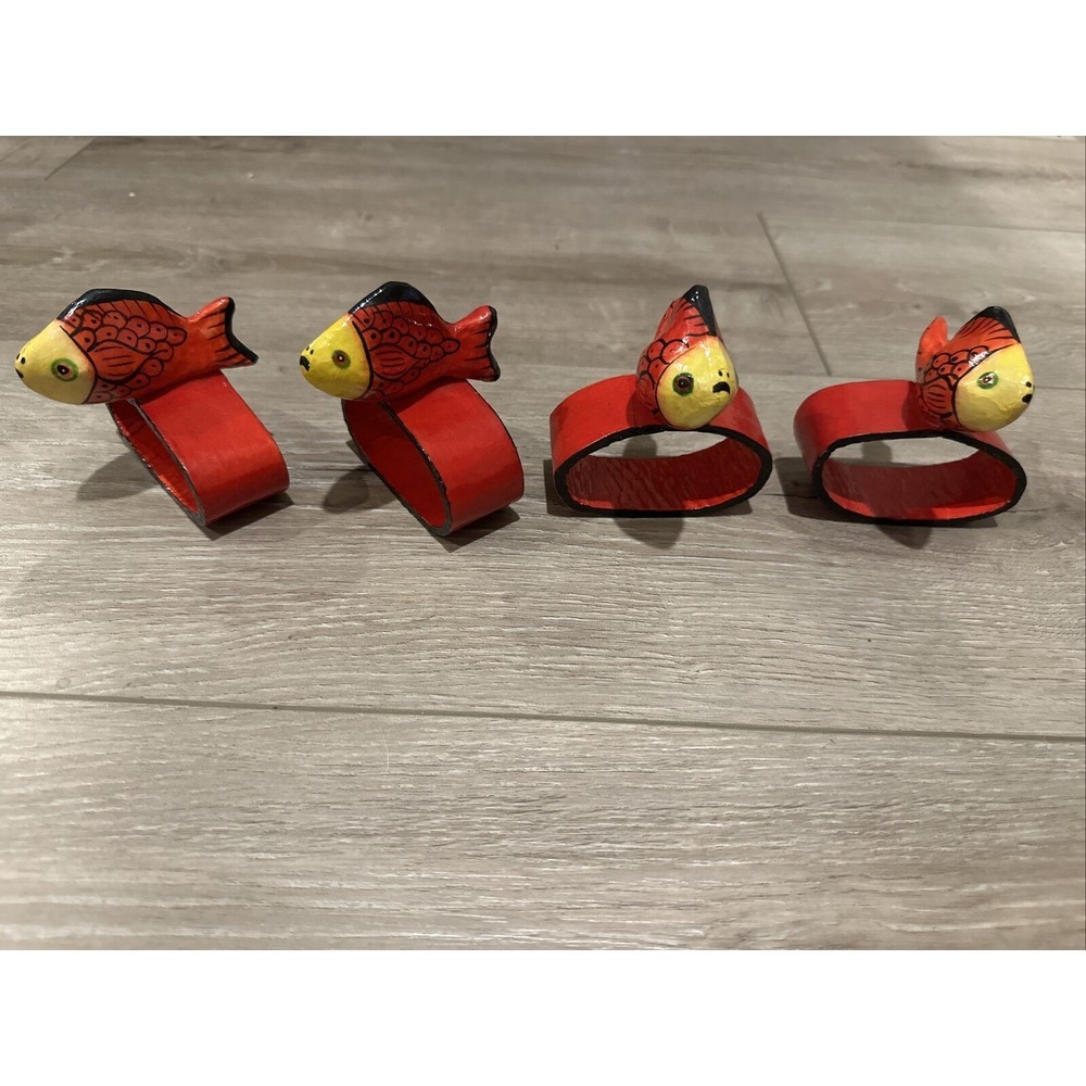 4 Vintage Red Hand Painted‎ Wood Wooden Fish Koi Napkin Ring Holders
